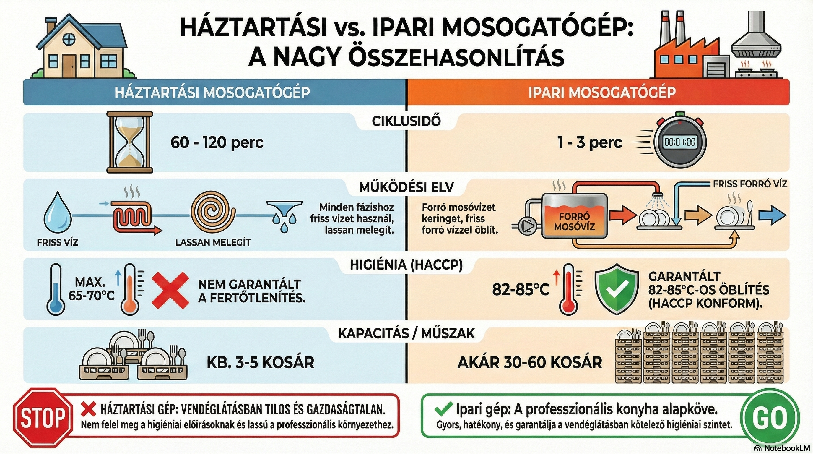 Háztartási vs nagykonyhai mosogatógép vendéglátóipari felhasználása